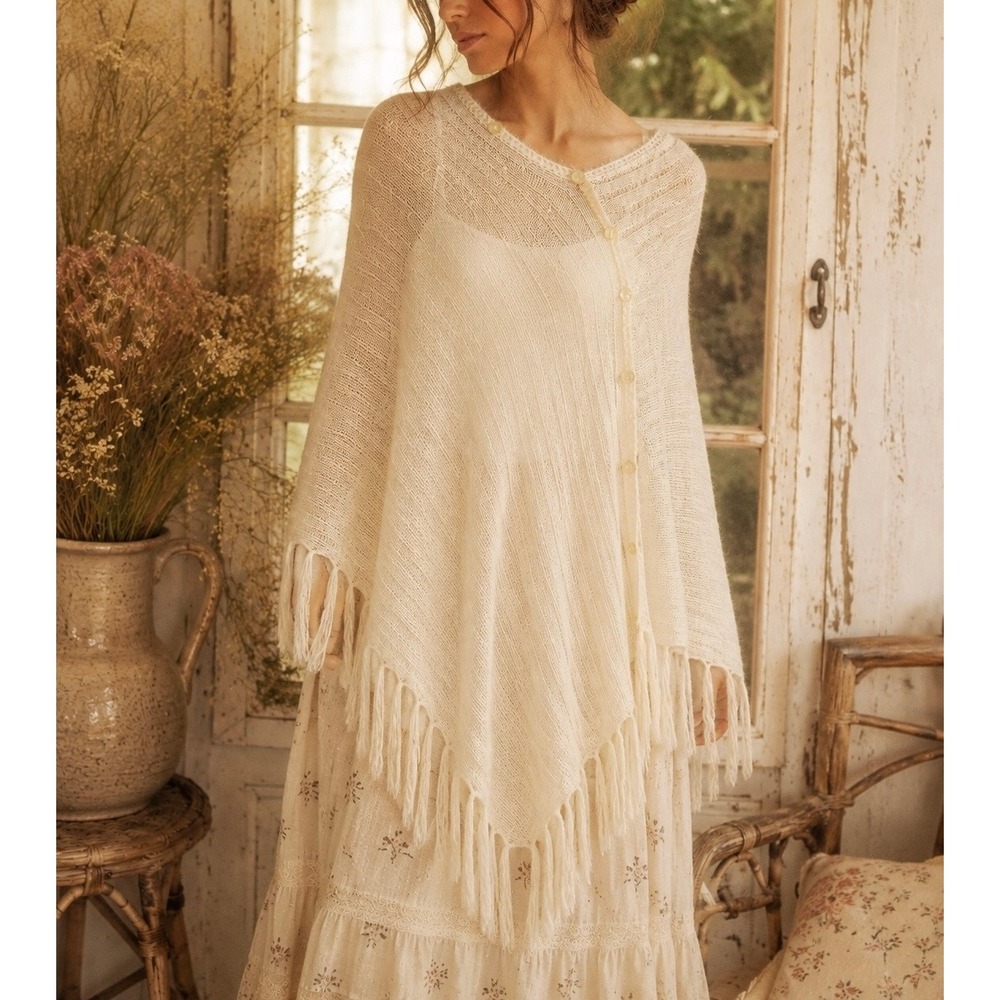 APRIL CORNELL Vintage Ivory Wool Beaded Sheer Knit Fringe Poncho Sweater